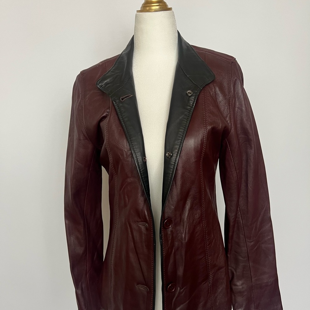 Women's Burgundy Black Collar Genuine Leather Jacket